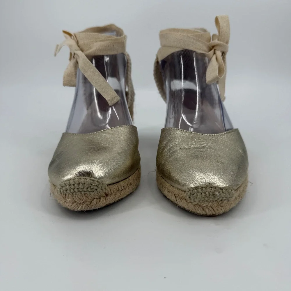 Boden Metallic Gold Espadrille Wedges Ribbon Ankle Tie Made in Spain Size 38